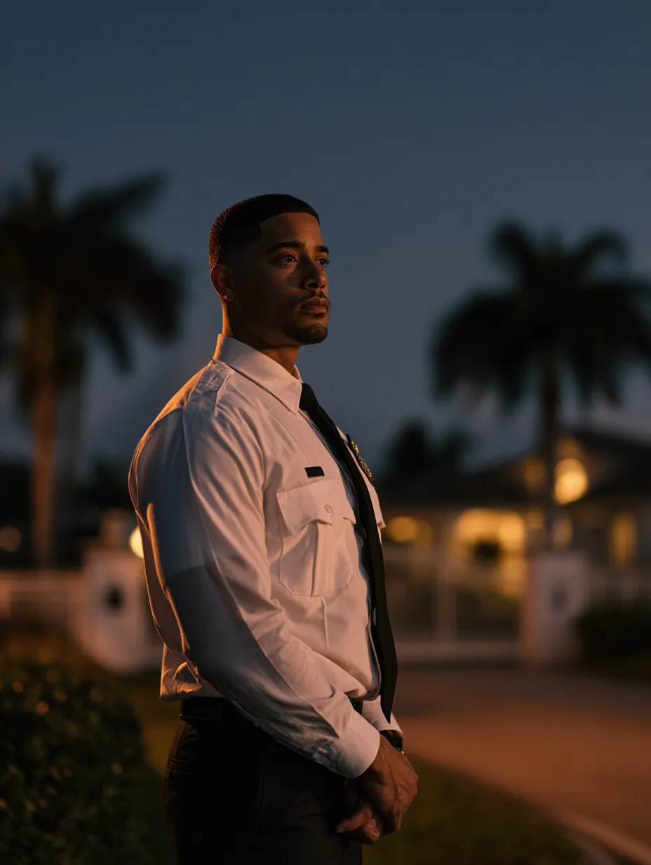 A Sunshine officer keeping watch over a South Florida community at dusk.