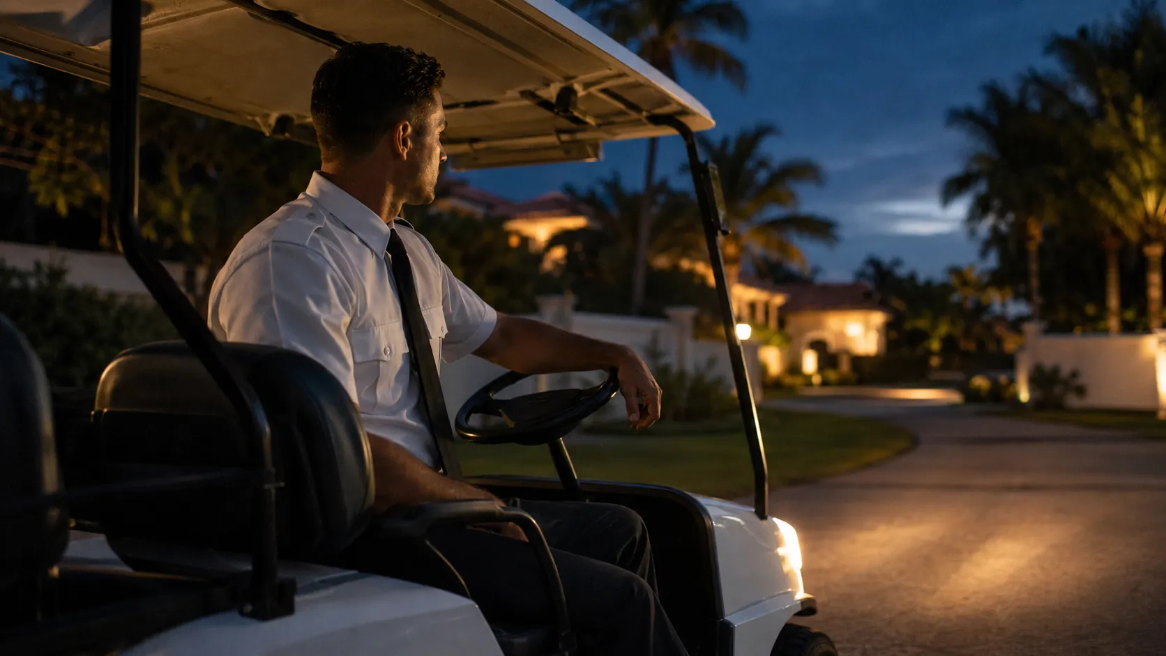 Officer patrolling a residential community at dusk.