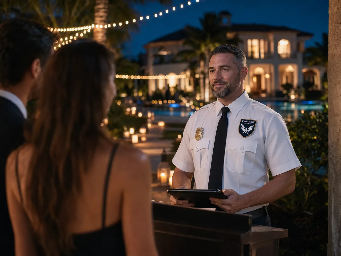 Officer managing access at a private event entrance.