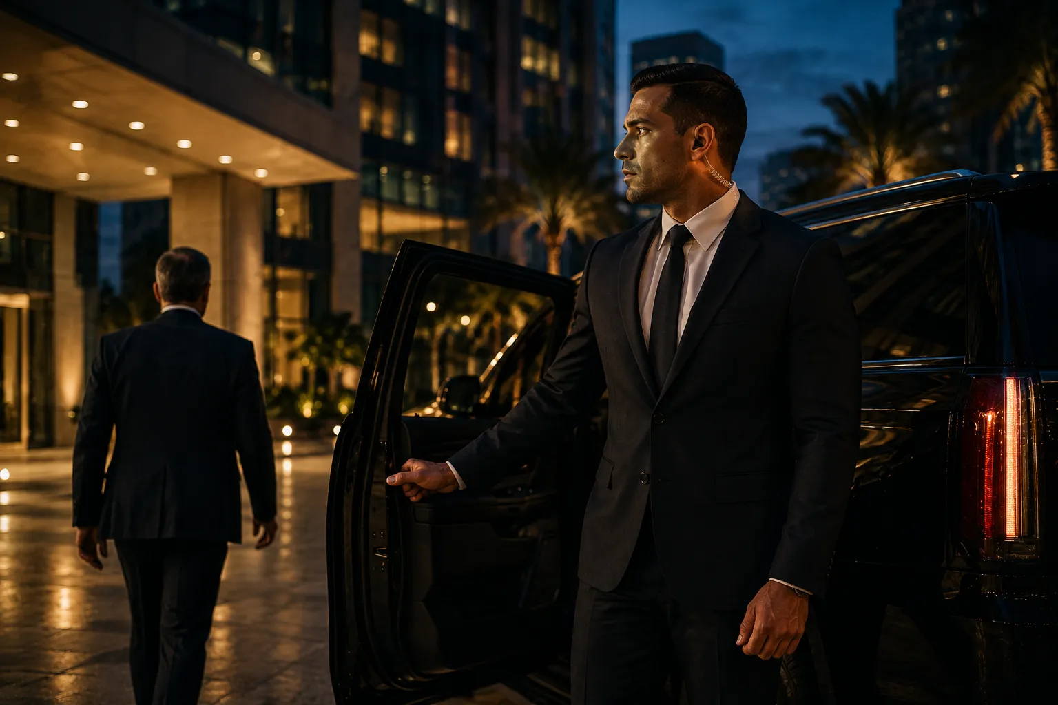 Executive protection detail beside a vehicle.