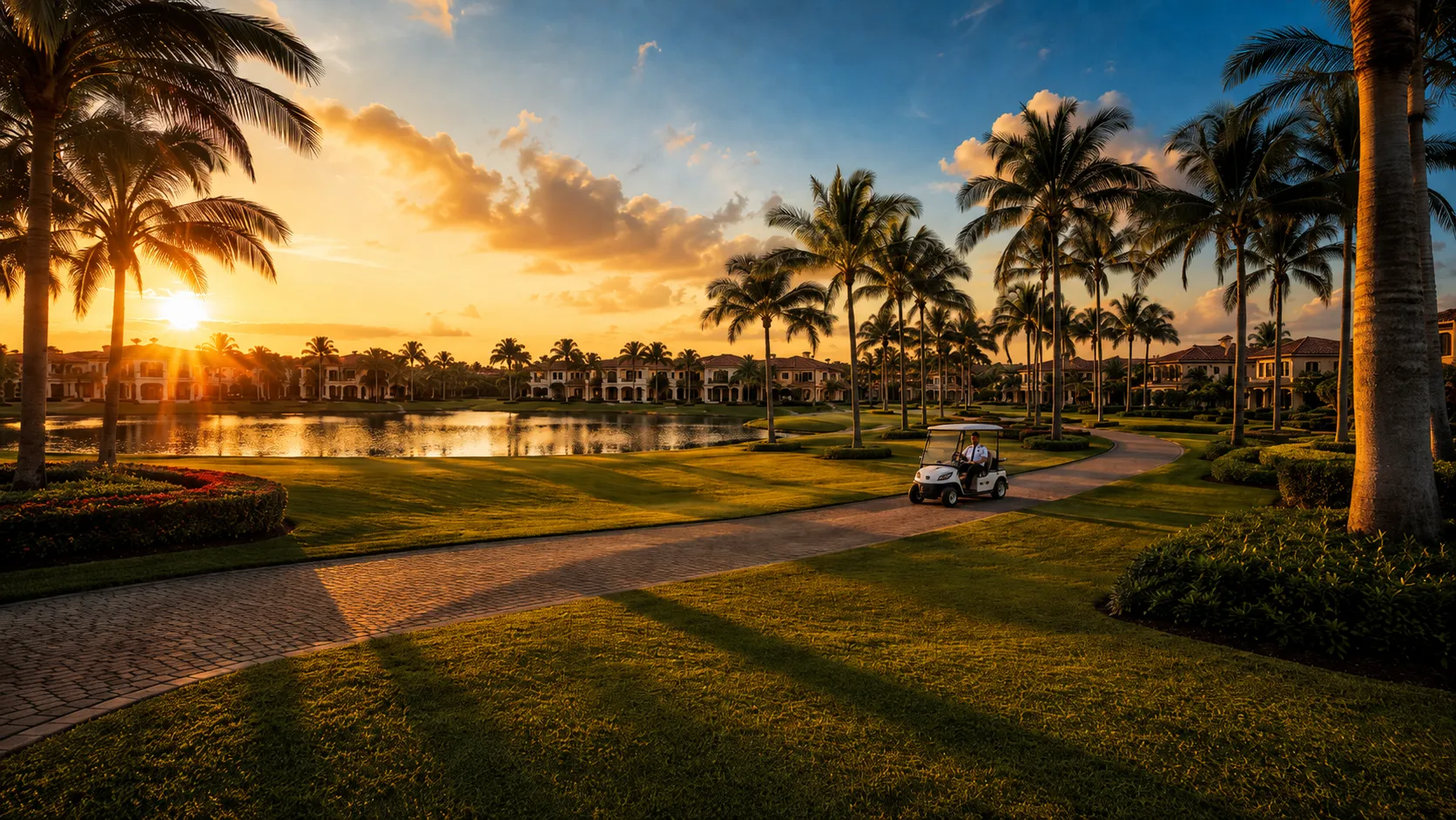 Patrol golf cart covering a large community at golden hour.