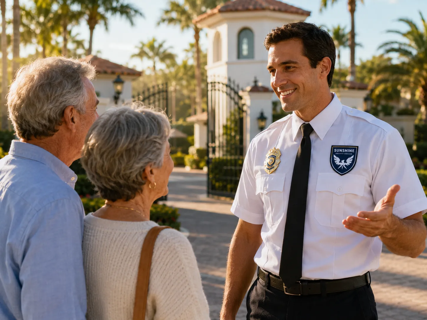 Officer greeting residents at a community entrance.